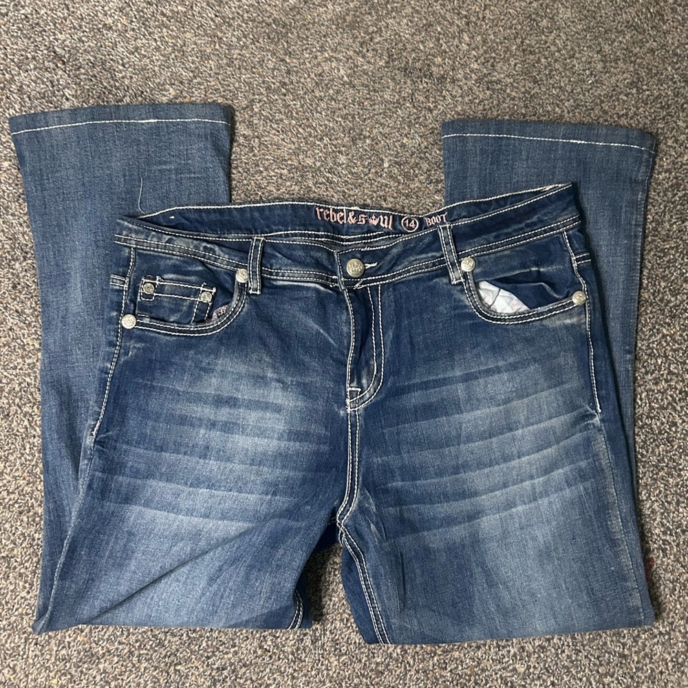 Rebel & Soul Bootcut Jeans Thick Stitch Embellished Pockets Rodeo Y2K